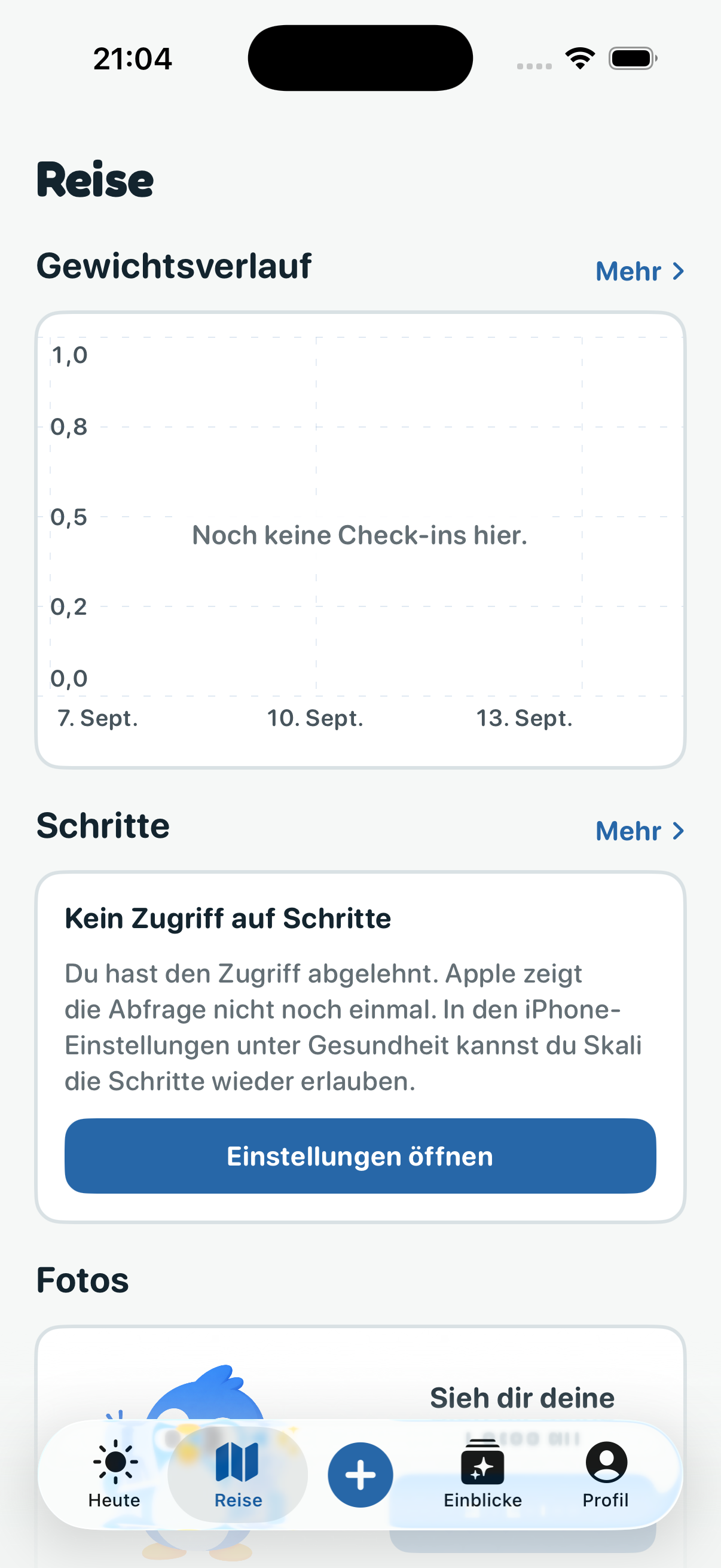 Skalis Reiseansicht mit Gewichtsverlauf und Fortschritt