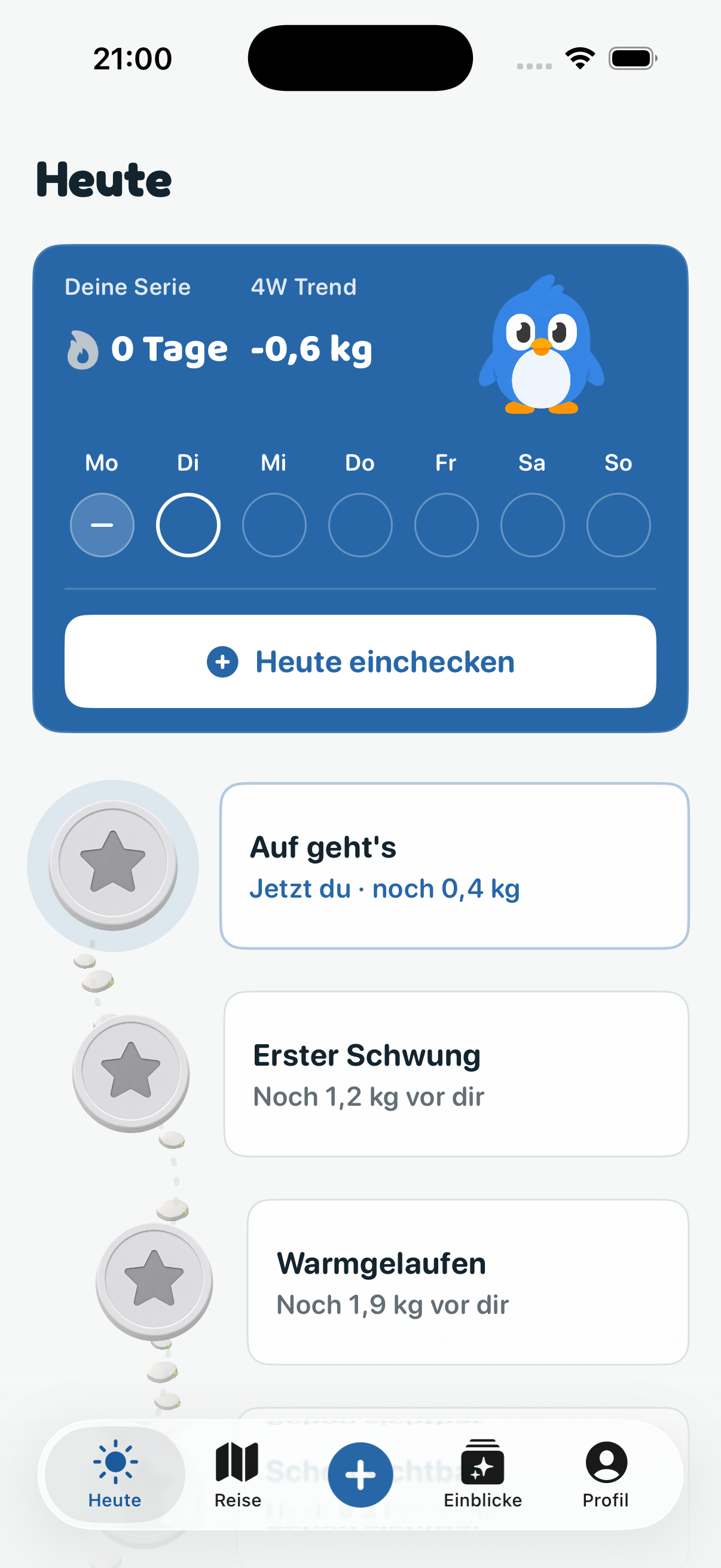 Skali-App mit Check-in, Gewichtsverlauf und Meilensteinen